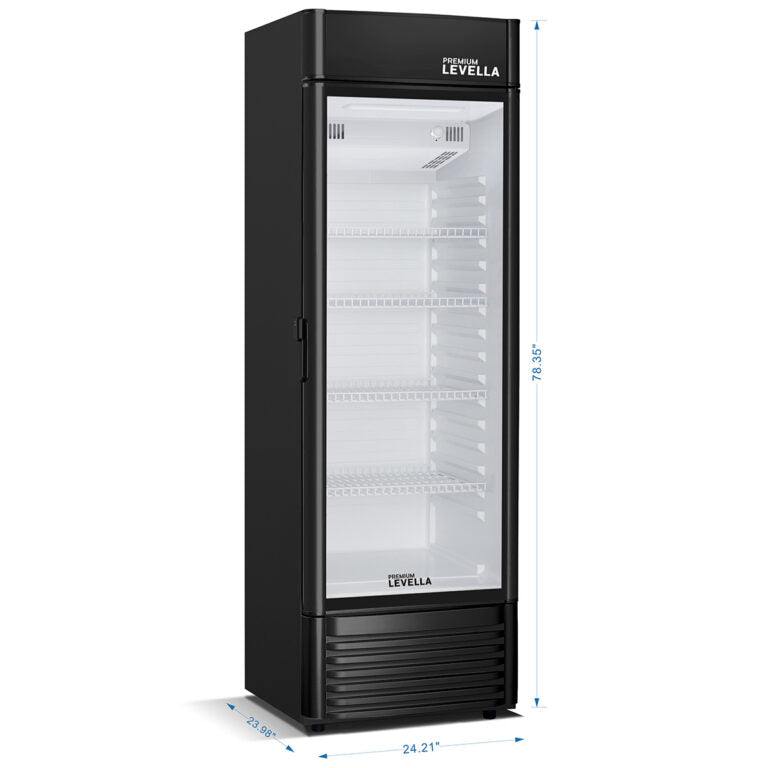 Premium Levella 12.5 Cu. Ft Black Commercial Upright Beverage Display Refrigerator With Single Glass Door and Safety Lock - Holds 280pcs 12oz Cans