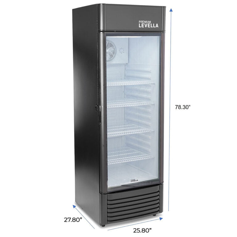 Premium Levella 15.5 Cu. Ft Black Commercial Upright Beverage Display Refrigerator With Single Glass Door and Safety Lock - Holds 528pcs 12oz Cans