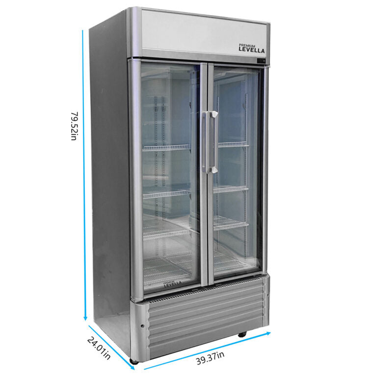 Premium Levella 21 Cu. Ft Silver Commercial Upright Beverage Display Refrigerator With Double Glass Door - Holds 684pcs 12oz Cans