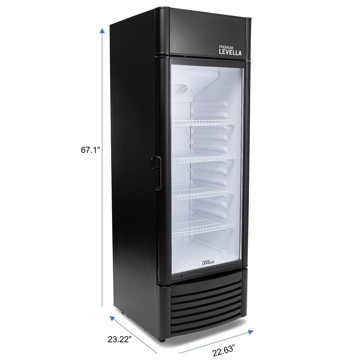 Premium Levella 9 Cu. Ft. Black Commercial Upright Beverage Display Refrigerator With Single Glass Door and Safety Lock - Holds 210pcs 12oz Cans