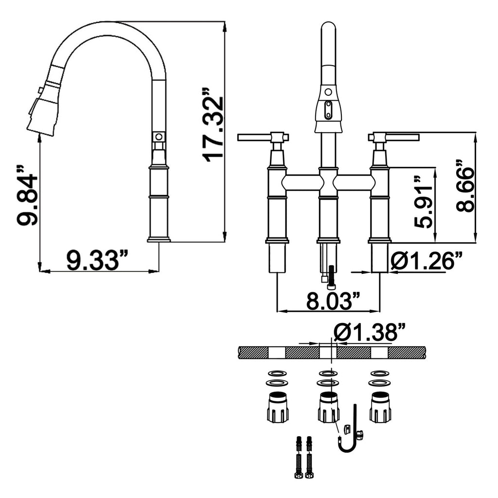 RBROHANT 3 Hole Bridge Kitchen Faucet with Pull Down Sprayer Brushed Gold RB1175