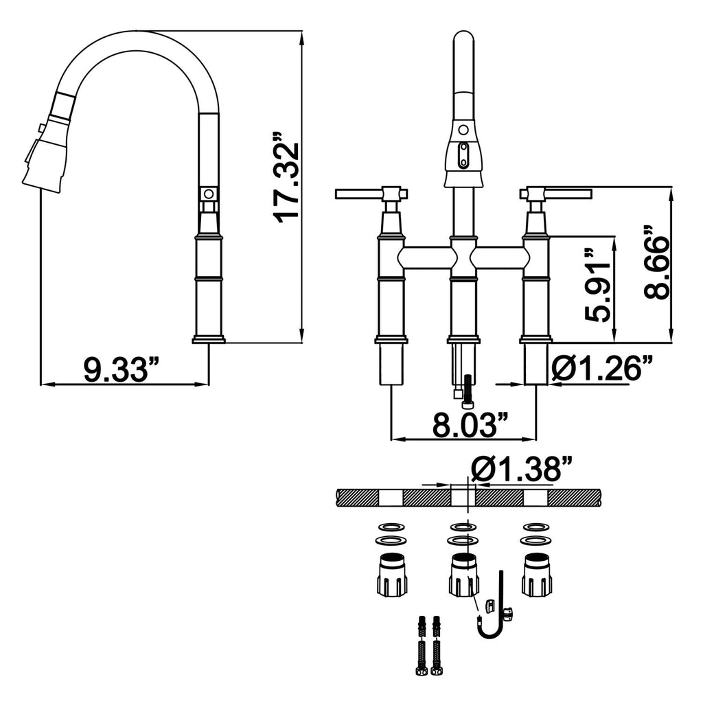 RBROHANT Two Handle Bridge Kitchen Sink Faucet with Pull Down Sprayhead Solid Brass RB1155