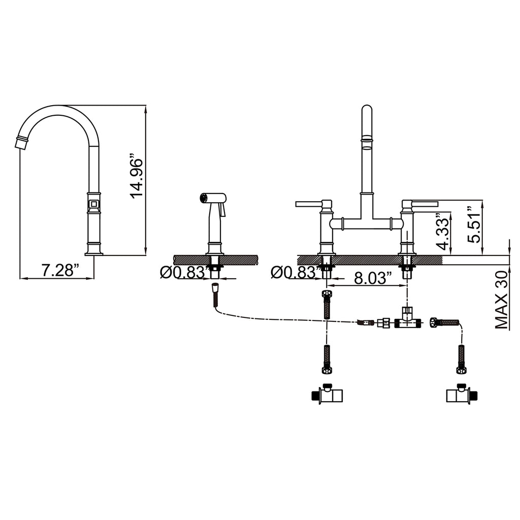 RBROHANT Two Handle Kitchen Bridge Faucet with Side Spray 304 Stainless Steel RB1158