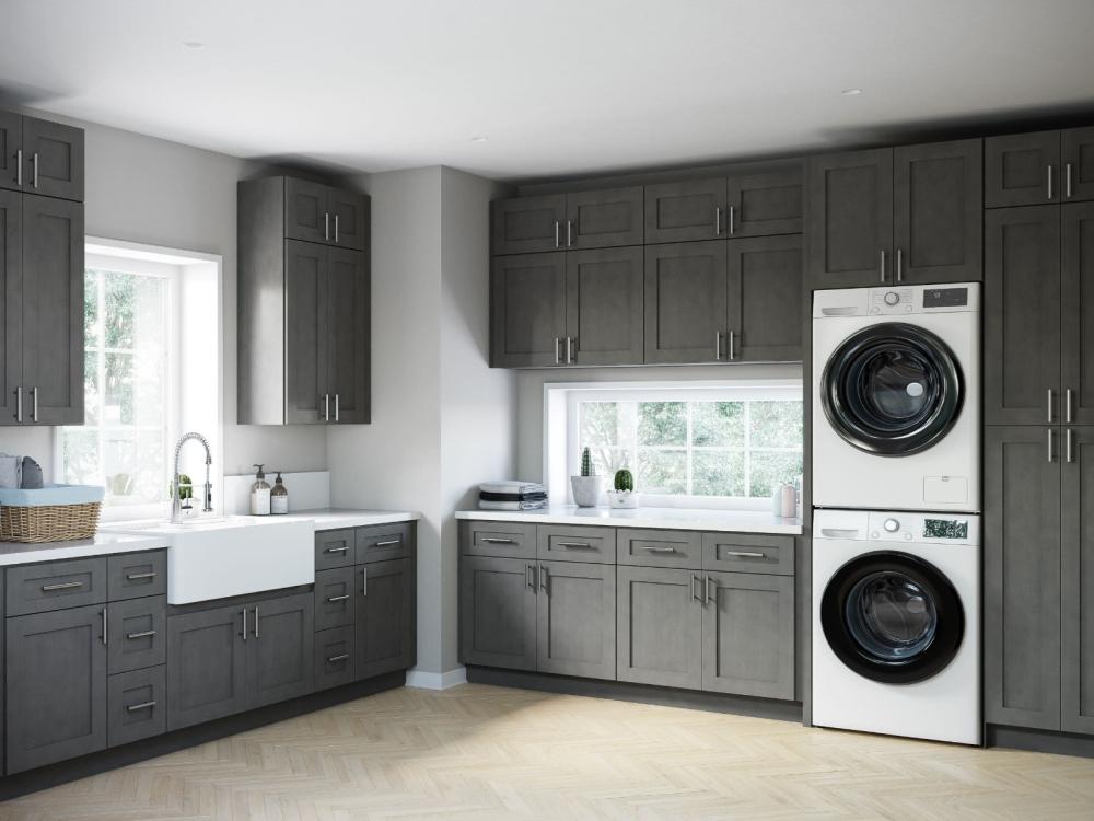 RTA Charcoal Grey Shaker 18" x 84" x 24" Wall Pantry Cabinet with 2 Decorative End Panels and 1 Roll Out Tray