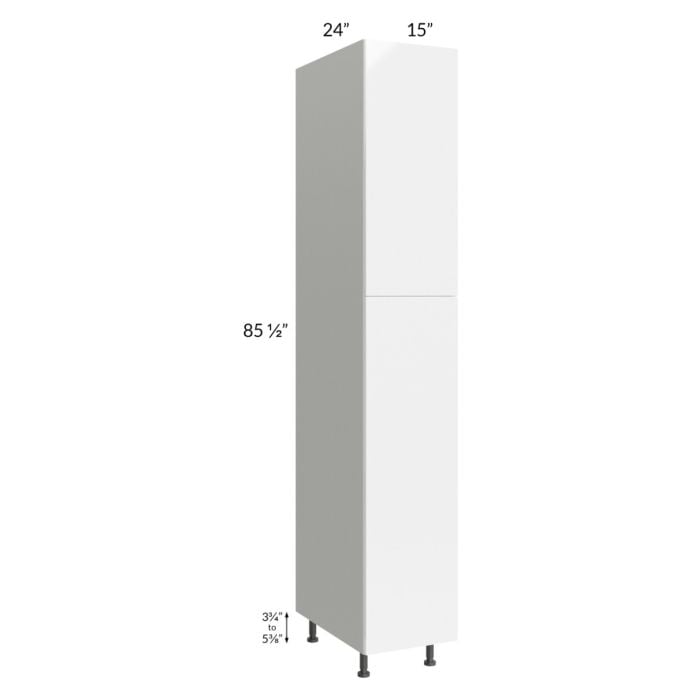 RTA Milan White Gloss 15" x 24" x 90" Pantry Cabinet (24" depth)-Left Hinged with 1 Finished Side and 2 Roll Out Trays
