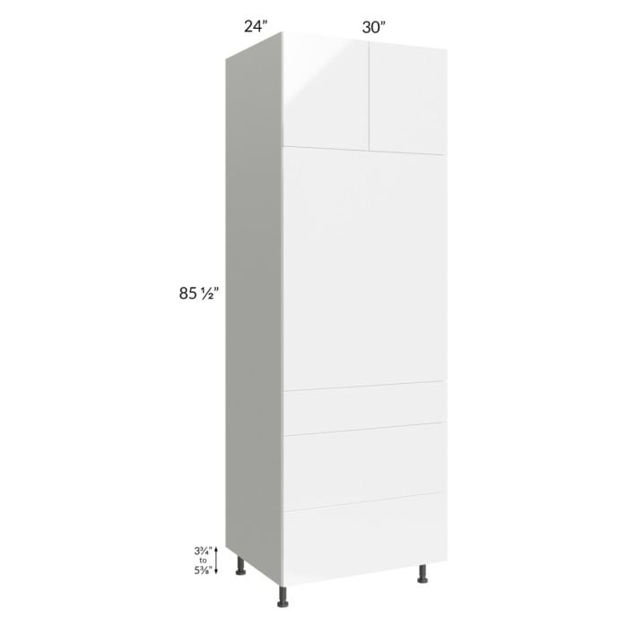 RTA Milan White Gloss 30" x 90" Single Oven Cabinet with 3 Drawers and 1 Finished Side
