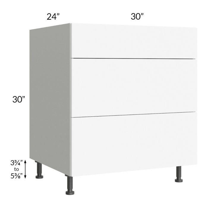 RTA Milan White Matte 30" 3-Drawer Base Cabinet with 1 Finished Side