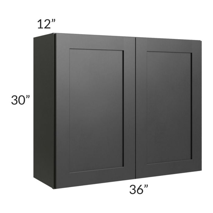 RTA Onyx Black Shaker 36" x 30" Wall Cabinet with 1 Decorative End Panel and Mullion Glass Door
