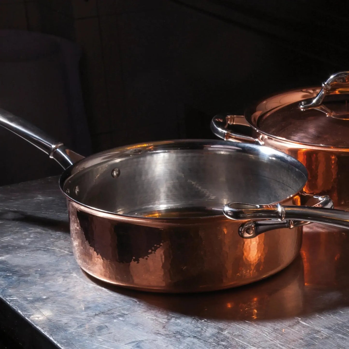 Ruffoni Symphoria Cupra 10" 4-Quart Hammered Copper Saute Pan With Copper-Clad Lid and Riveted Stainless Steel Handle Inlaid With Signature Copper Coin