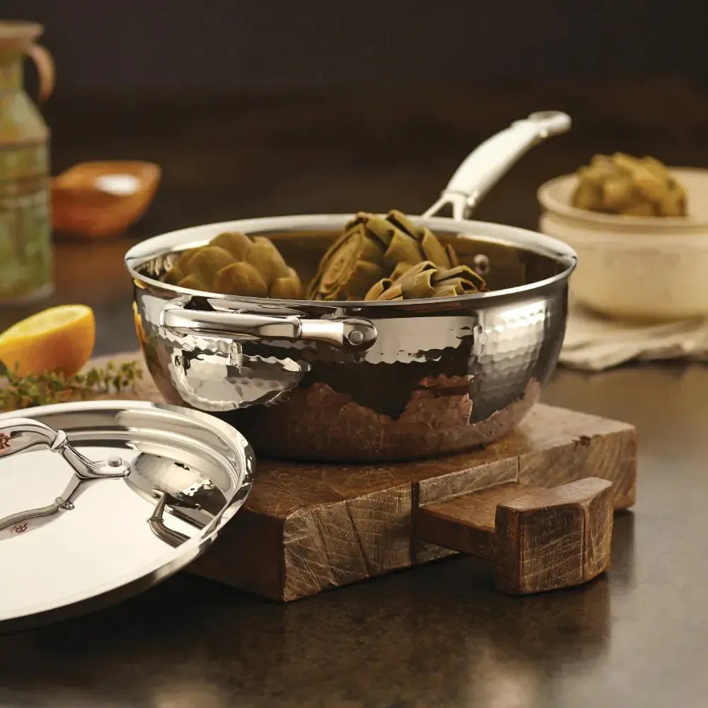 Ruffoni Symphoria Prima 10" 4-Quart Hammered Clad Stainless Steel Chef Pan With Riveted Stainless Steel Lid and Handle Inlaid With Signature Copper Coin