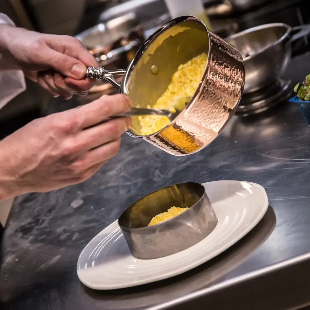 Ruffoni Symphoria Prima 6" 2-Quart Hammered Clad Stainless Steel Saucepan With Riveted Stainless Steel Lid and Handle Inlaid With Signature Copper Coin