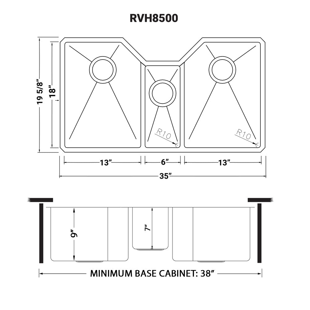 Ruvati Gravena 35" x 20" Undermount Stainless Steel Triple Bowl Kitchen Sink With Basket Strainer, Bottom Rinse Grid and Drain Assembly
