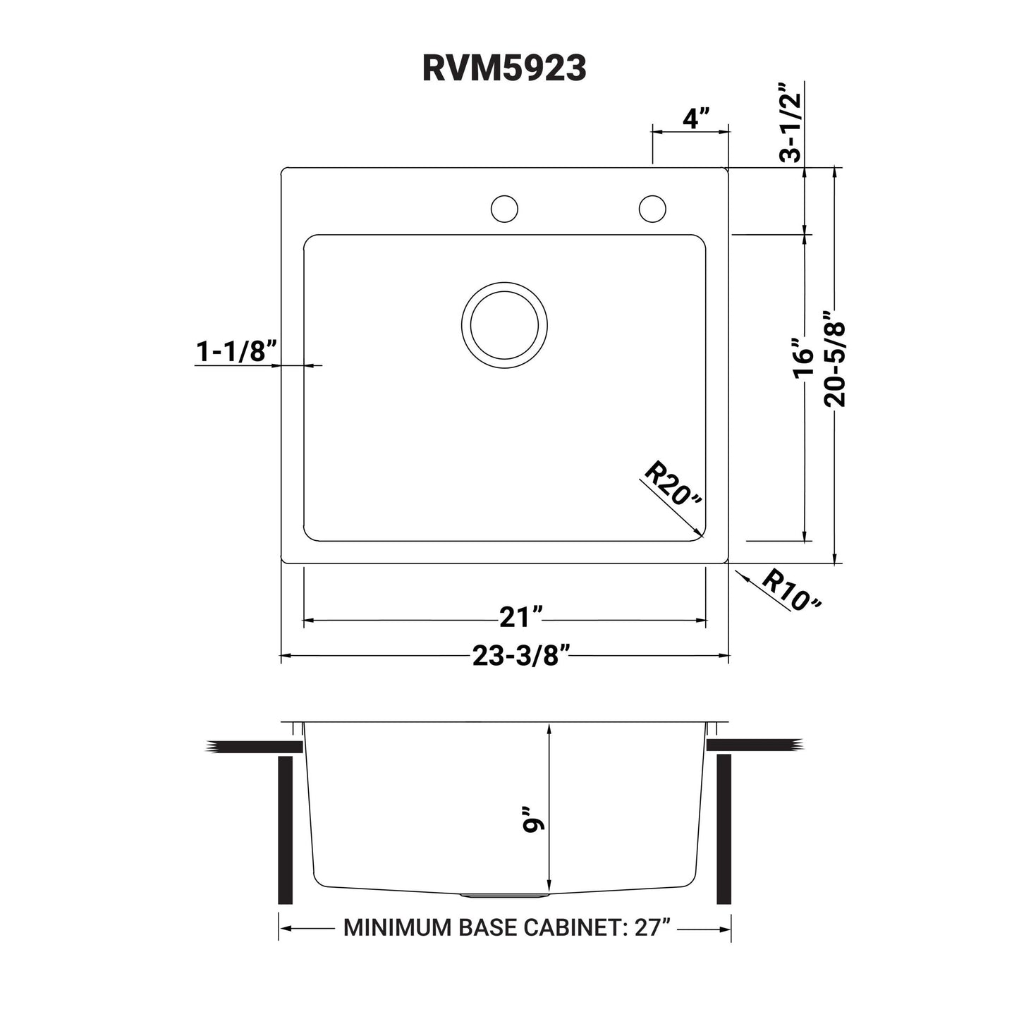 Ruvati Modena 23" x 20" Stainless Steel Single Bowl Drop-in Topmount Kitchen Sink
