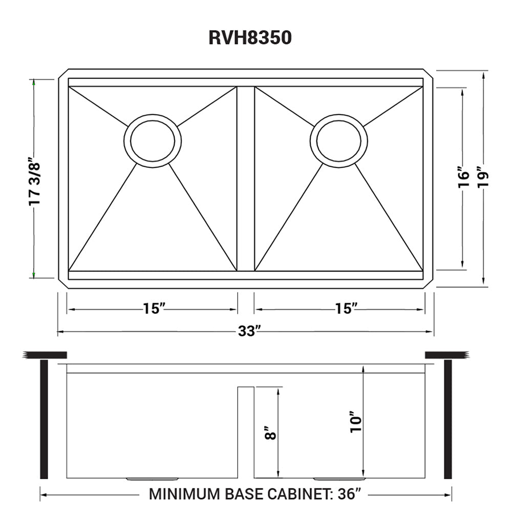 Ruvati Roma 33" x 19" Undermount Stainless Steel Double Bowl 50/50 Workstation Sink With Bottom Rinse Grid and Drain Assembly