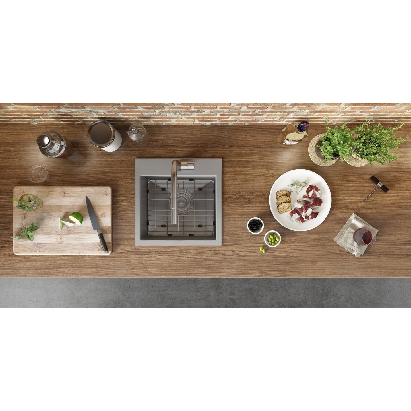 Ruvati Tirana 18” x 18" Drop-In Topmount Stainless Steel Single Bowl Bar Prep Kitchen Sink With Basket Strainer, Bottom Rinse Grid and Drain Assembly