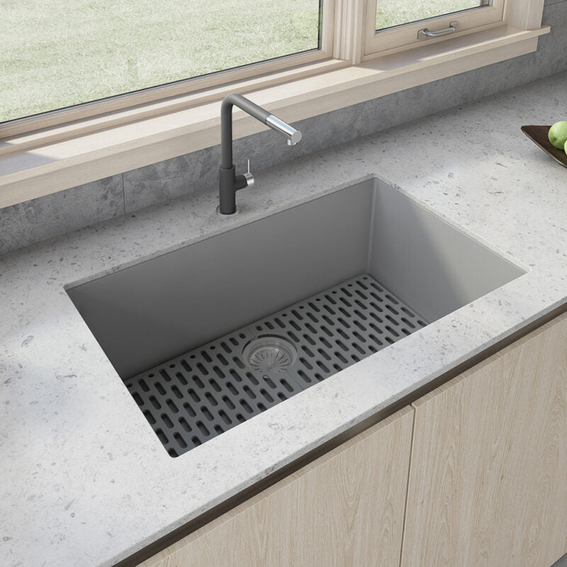 Ruvati epiGranite 33” x 19” Silver Gray Undermount Granite Single Bowl Kitchen Sink With Basket Strainer, Bottom Rinse Grid and Drain Assembly