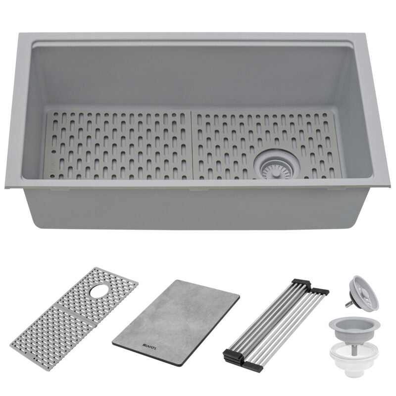 Ruvati epiStage 33” x 19” Silver Gray Undermount Granite Single Bowl Workstation Kitchen Sink With Basket Strainer, Bottom Rinse Grid and Drain Assembly