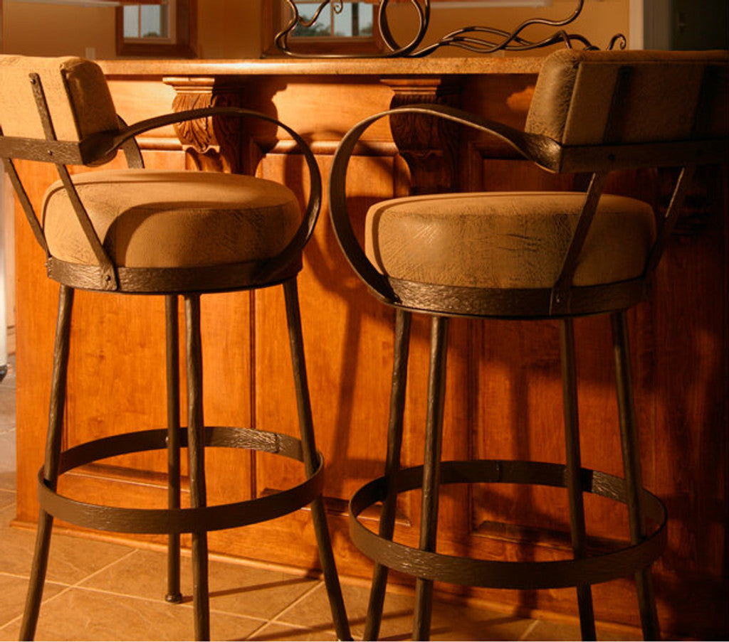 Stone County Ironworks Cedarvale 25" Woodland Brown Swivel Iron Bar Stool With Copper Iron Accent, Back, Arms and Black Leather Upholstery