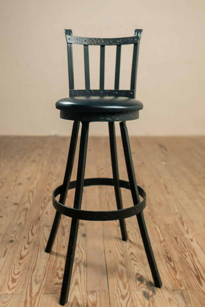 Stone County Ironworks Montage 30" Hand Rubbed Brass Non-Swivel Iron Bar Stool With Gold Iron Accent, Standard Cushion and Camel Leather Seat Material