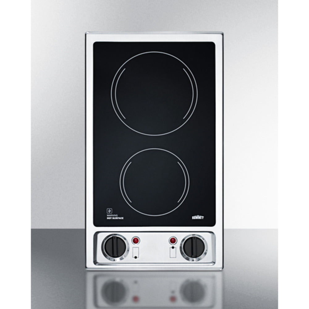 Summit Appliance 12" 115V Brushed Stainless Trim/Black Glass Finish 2-Burner Radiant Cooktop
