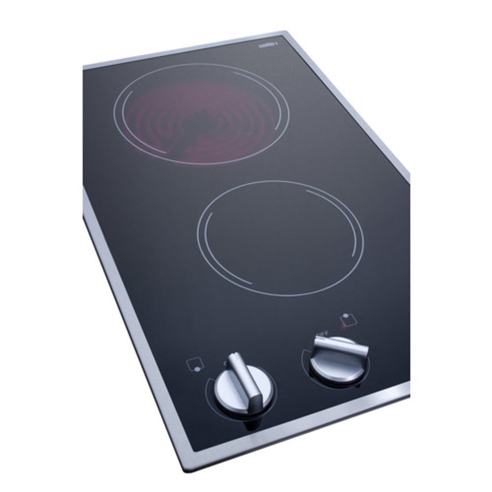 Summit Appliance 12" 220-240V Stainless Trim/Black Glass Finish 2-Burner Radiant Cooktop