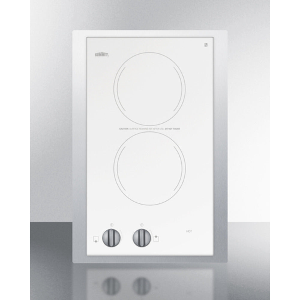 Summit Appliance 15" 230V White Glass Finish 2-Burner Radiant Cooktop
