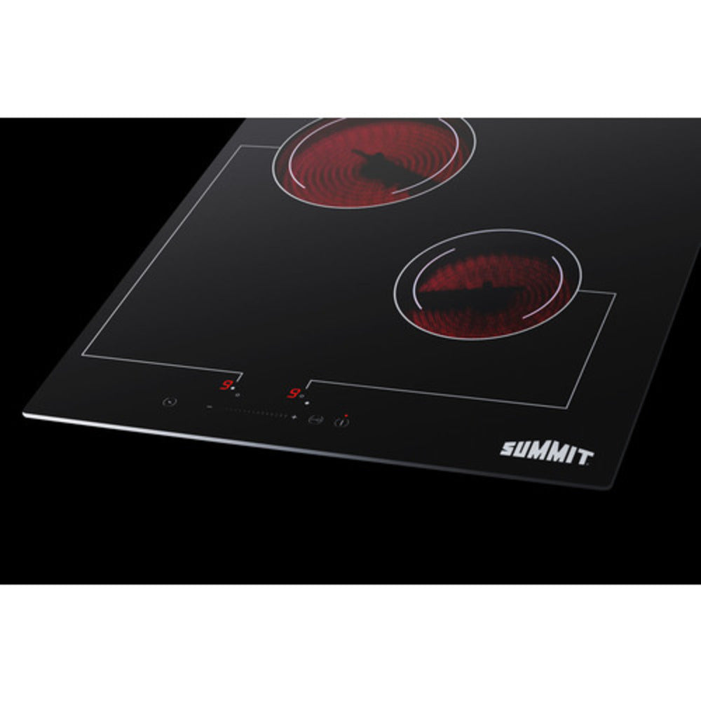 Summit Appliance 18" 220V Black Glass Finish 2-Burner Radiant Cooktop with Digital Touch Control
