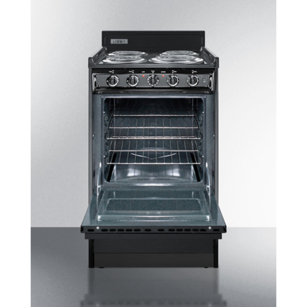 Summit Appliance 20" 220V Black Finish 4-Burner Electric Coil Range with 4" Backguard