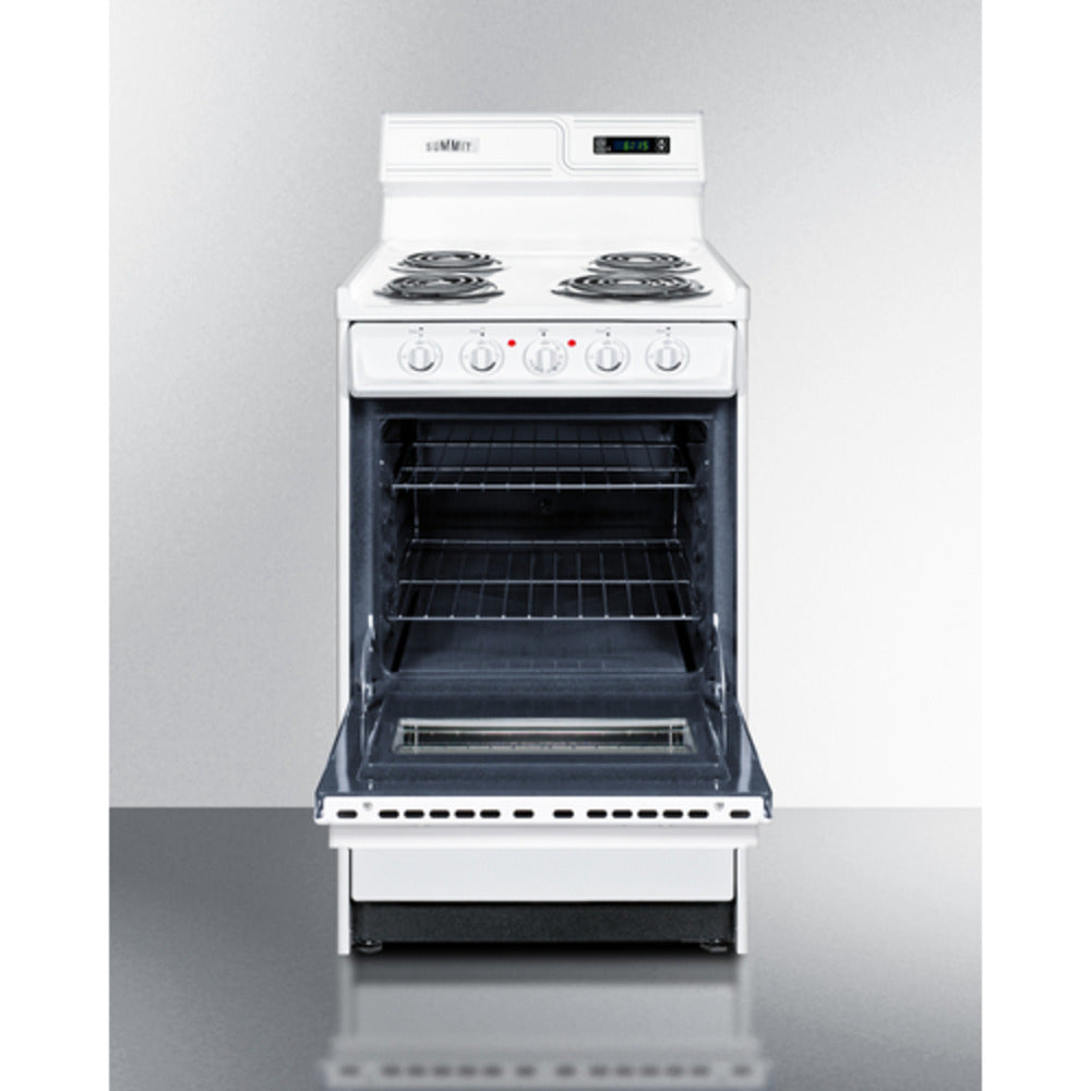 Summit Appliance 20" 220V White Finish 4-Burner Electric Coil Top Range with 8" Backguard and Oven Door Window