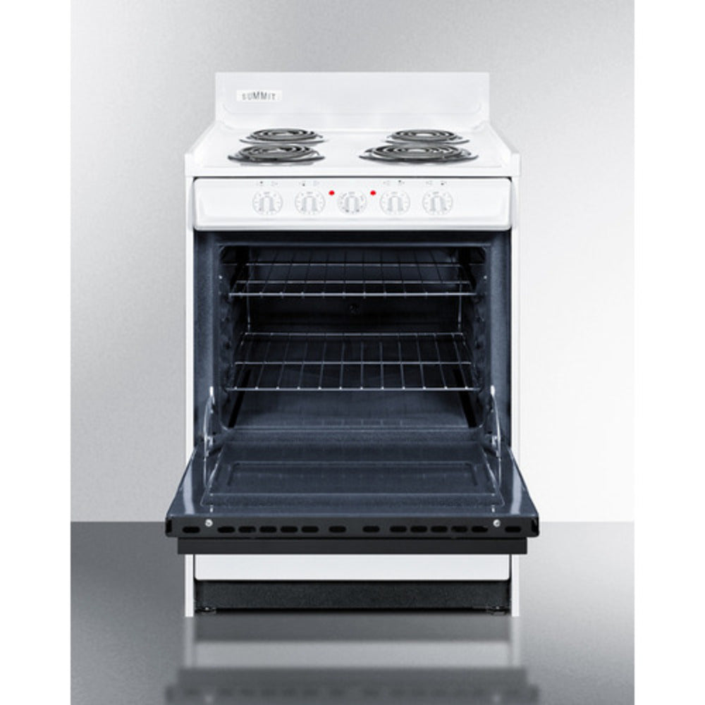 Summit Appliance 24" 220V White Finish 4-Burner Electric Coil Top Range with 8" Backguard and Black Oven Door Window