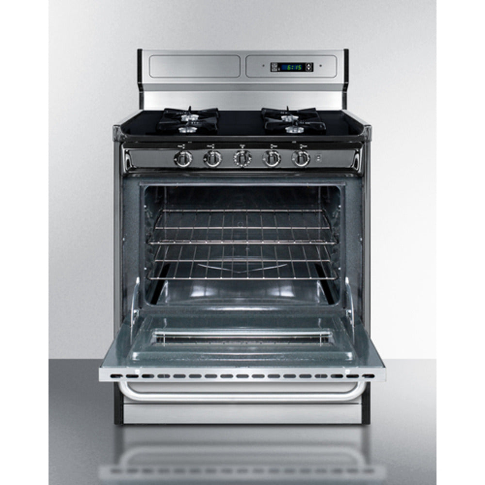 Summit Appliance 30" Stainless Steel/Black Finish 4-Open Burners Gas Range with 8" Backguard