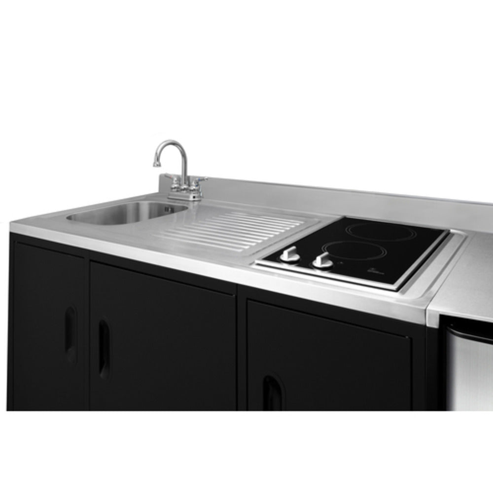 Summit Appliance 72" Stainless Steel/Black Finish All-In-One Kitchenette with Glass Burner and left Side Sink