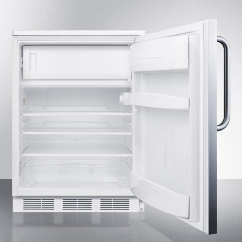 Summit Appliance CT66LW Series 24" Stainless Steel/White Finish Built-In Refrigerator-Freezer with Towel Bar Handle