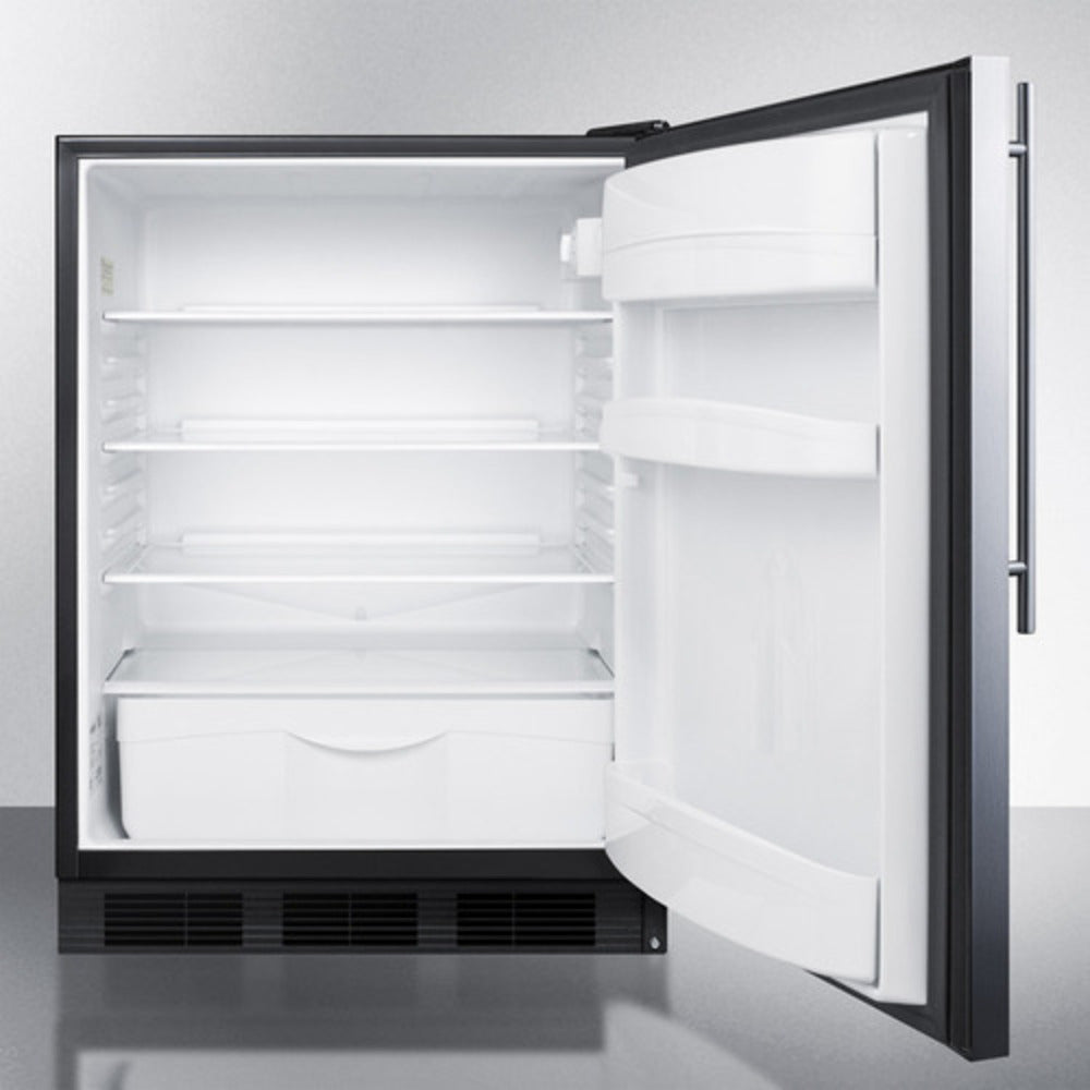 Summit Appliance FF6 Series 24" Stainless Steel/Black Finish Built-In All-Refrigerator with Right Bar Handle