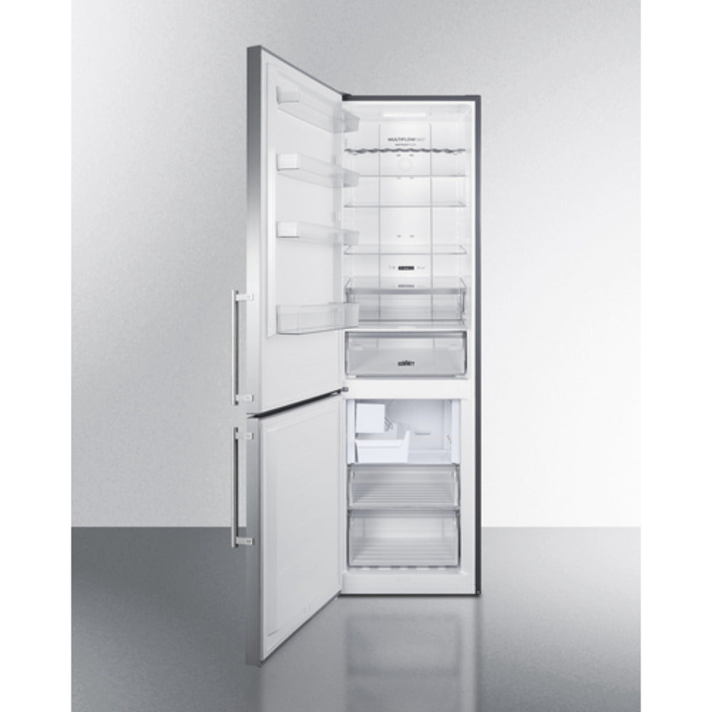Summit Appliance FFBF18 Series 24" 12 cu.ft. Stainless Steel Finish Bottom Freezer Refrigerator with Icemaker and Left Door Handle