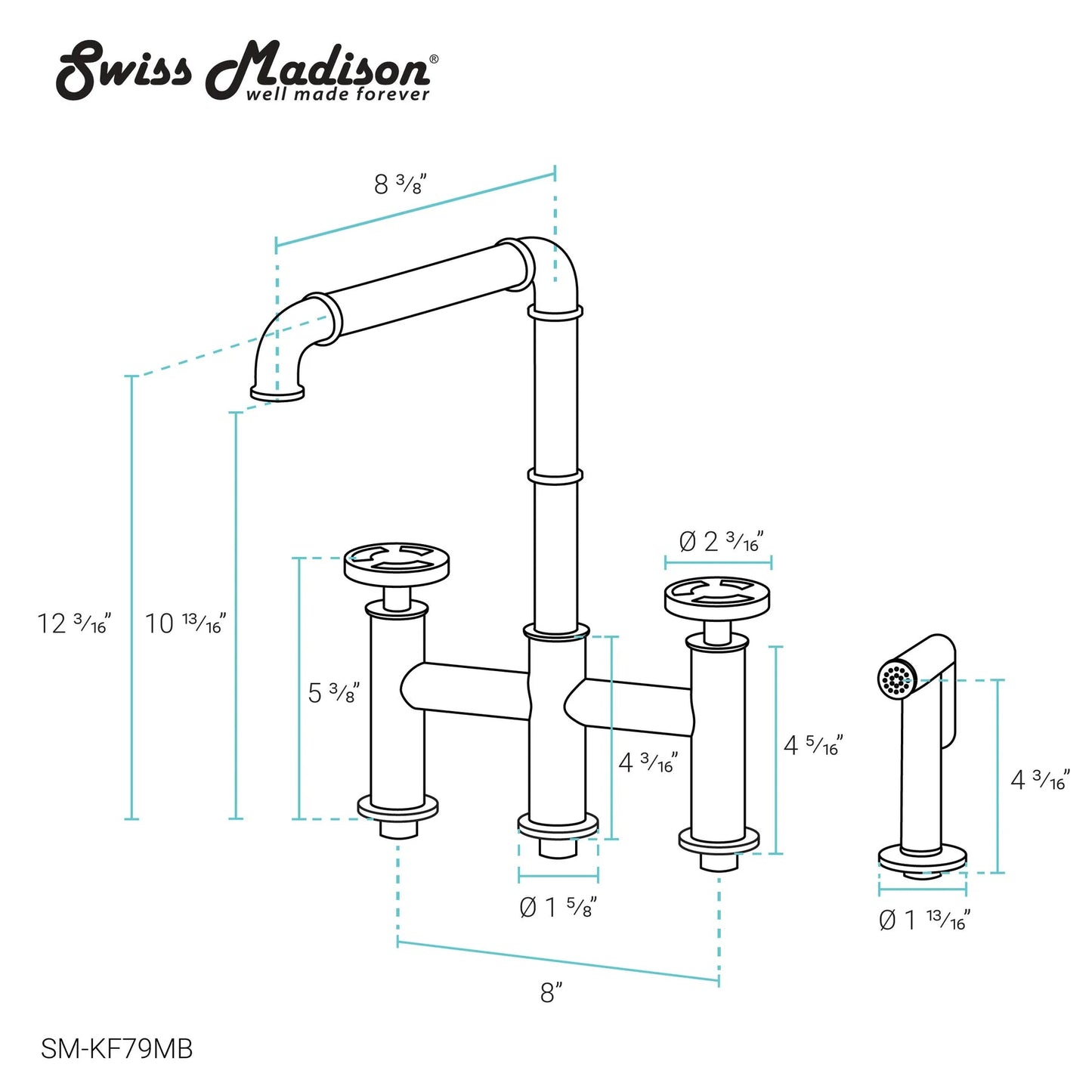 Swiss Madison Avallon Pro 8" Four Matte Black Bridge Kitchen Faucet With Side Sprayer
