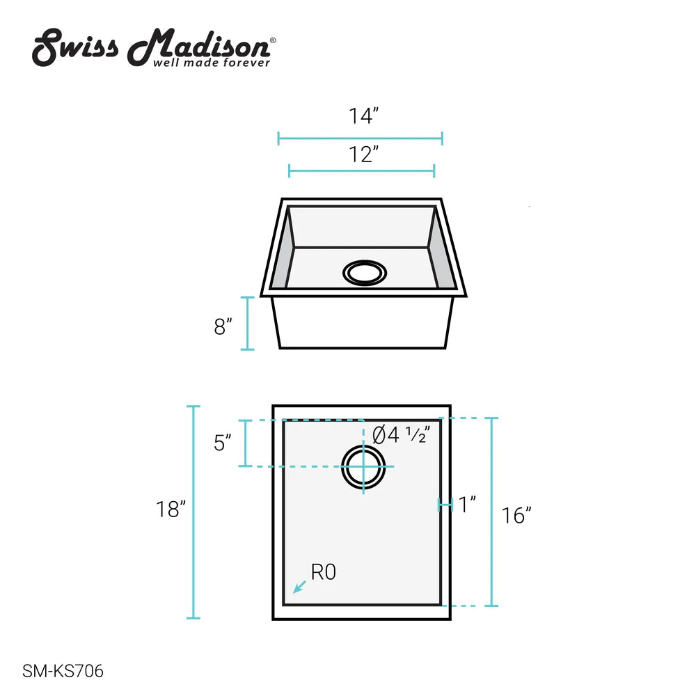 Swiss Madison Tourner 14" x 18" Single Stainless Steel Undermount Kitchen Sink