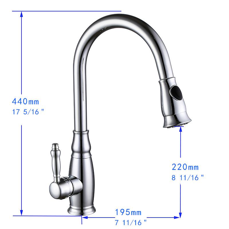 Vanity Art 7" W x 17" H Polished Chrome Stainless Steel Single Lever 3-Way Spray Setting Kitchen Sink Faucet With Pull Down Sprayer