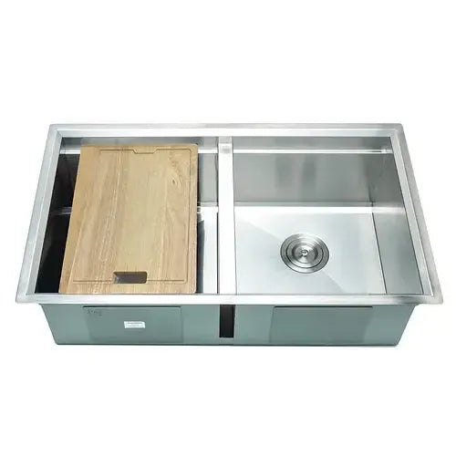 Wells Sinkware 3D Series 32" Rectangle Undermount Handcrafted Stainless Steel 50/50 Double Bowl Kitchen Sink With Stainless Steel Colander, Rubber Wood Cutting Board and Basket Strainer