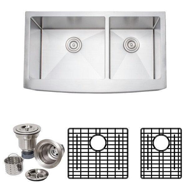 Wells Sinkware New Chef's 36" Rectangle Farmhouse Handcrafted 16-Gauge Arched Apron Front 60/40 Double Bowl Stainless Steel Kitchen Sink