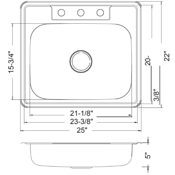 Wells Sinkware Specialty 25" Rectangle Drop-in 20-Gauge ADA Compliant Single Bowl Stainless Steel Kitchen Sink With 3 Faucet Holes