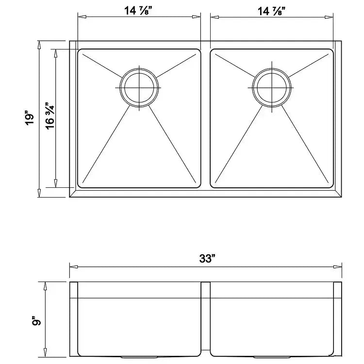 Wells Sinkware The Chef's 33" Rectangle Farmhouse Apron Front Handcrafted 16-Gauge Stainless Steel Double Bowl Kitchen Sink