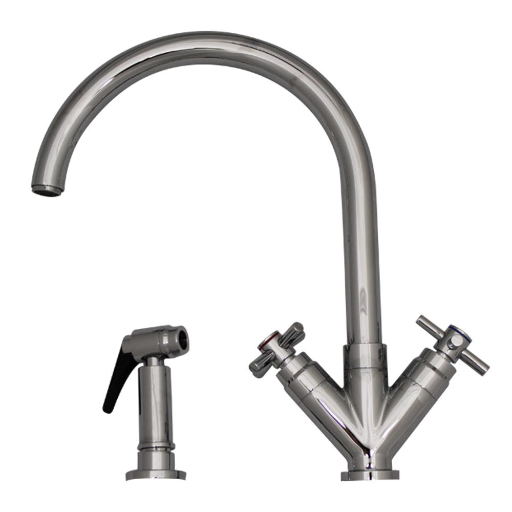Whitehaus 3-03942CH85-C Luxe+ Dual Handle Faucet with Gooseneck Swivel Spout, "V" Cross Style Handles and Solid Brass Side Spray