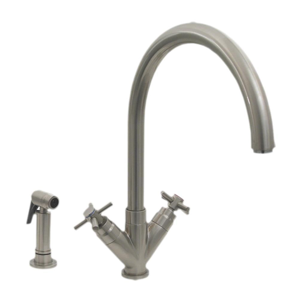 Whitehaus 3-03942SS85-BN Luxe+ Dual Handle Faucet with Gooseneck Swivel Spout, "V" Cross Style Handles and Solid Brass Side Spray