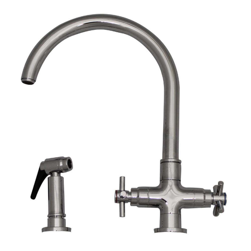 Whitehaus 3-03954CH85-C Luxe+ Dual Handle Faucet with Gooseneck Swivel Spout, Cross Style Handles and Solid Brass Side Spray