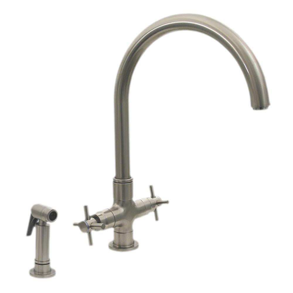 Whitehaus 3-03954SS85-BN Luxe+ Dual Handle Faucet with Gooseneck Swivel Spout, Cross Style Handles and Solid Brass Side Spray