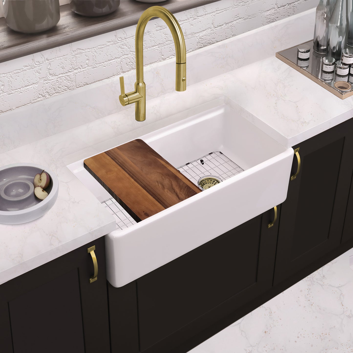 Whitehaus Fireclay 33" White Reversible Single Bowl Sink Set With Smooth Front Apron, Walnut Wood Cutting Board and Stainless Steel Grid