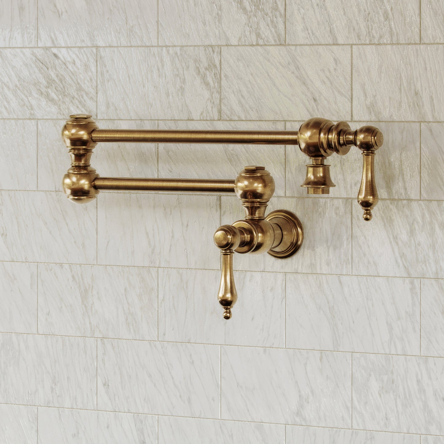 Whitehaus Vintage III Plus Antique Brass Brass Wall Mount Retractable Swing Spout Pot Filler With Lever Handles