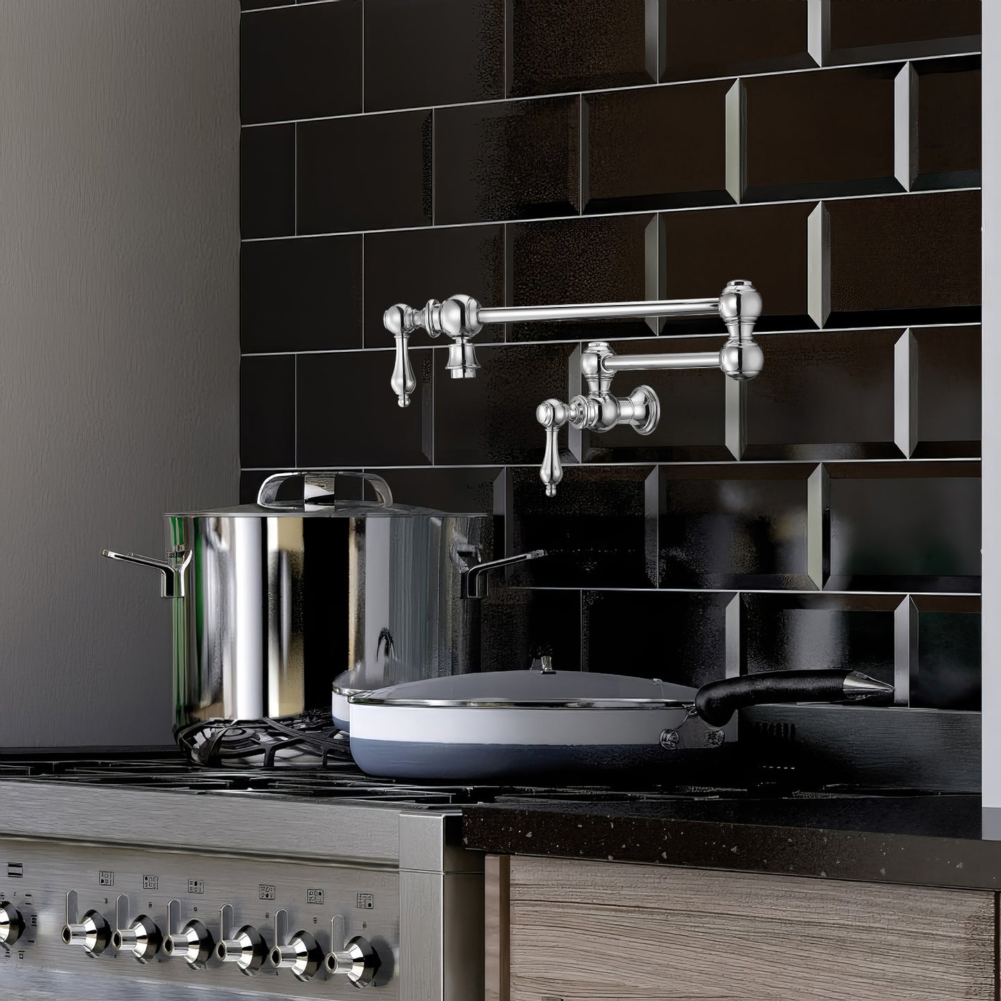 Whitehaus Vintage III Plus Polished Chrome Brass Wall Mount Retractable Swing Spout Pot Filler With Lever Handles