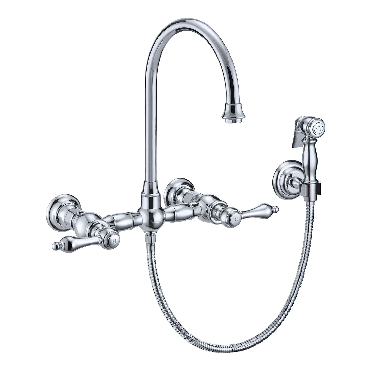Whitehaus WHKWLV3-9301-NT-C Vintage III Plus Wall Mount Faucet with a Long Gooseneck Swivel Spout, Lever Handles and Solid Brass Side Spray